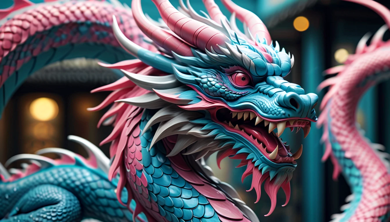 Druged 3d chinese dragon, huge, capsuled dragon 3 d art, stunning artwork, extremely high quality artwork, beautiful artwork, colorful hyperrealism, beeple colors, blue, pink, grey, wide shot, (best quality,4k,8k,highres,masterpiece:1.2),ultra-detailed,(realistic,photorealistic,photo-realistic:1.37),HDR,UHD,studio lighting,ultra-fine painting,sharp focus,physically-based rendering,extreme detail description,professional,vivid colors,bokeh. Attention：Original art by Tupu.