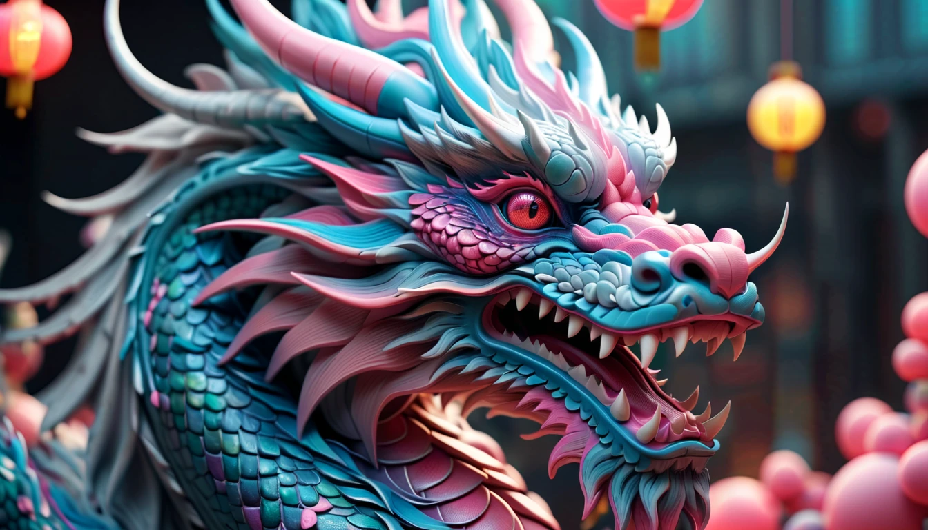 Druged 3d chinese dragon, huge, capsuled dragon 3 d art, stunning artwork, extremely high quality artwork, beautiful artwork, colorful hyperrealism, beeple colors, blue, pink, grey, wide shot, (best quality,4k,8k,highres,masterpiece:1.2),ultra-detailed,(realistic,photorealistic,photo-realistic:1.37),HDR,UHD,studio lighting,ultra-fine painting,sharp focus,physically-based rendering,extreme detail description,professional,vivid colors,bokeh. Attention:Original art by Tupu.