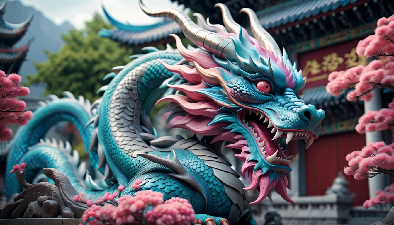 Druged 3d chinese dragon, huge, capsuled dragon 3 d art, stunning artwork, extremely high quality artwork, beautiful artwork, colorful hyperrealism, beeple colors, blue, pink, grey, wide shot, (best quality,4k,8k,highres,masterpiece:1.2),ultra-detailed,(realistic,photorealistic,photo-realistic:1.37),HDR,UHD,studio lighting,ultra-fine painting,sharp focus,physically-based rendering,extreme detail description,professional,vivid colors,bokeh. Attention：Original art by Tupu.