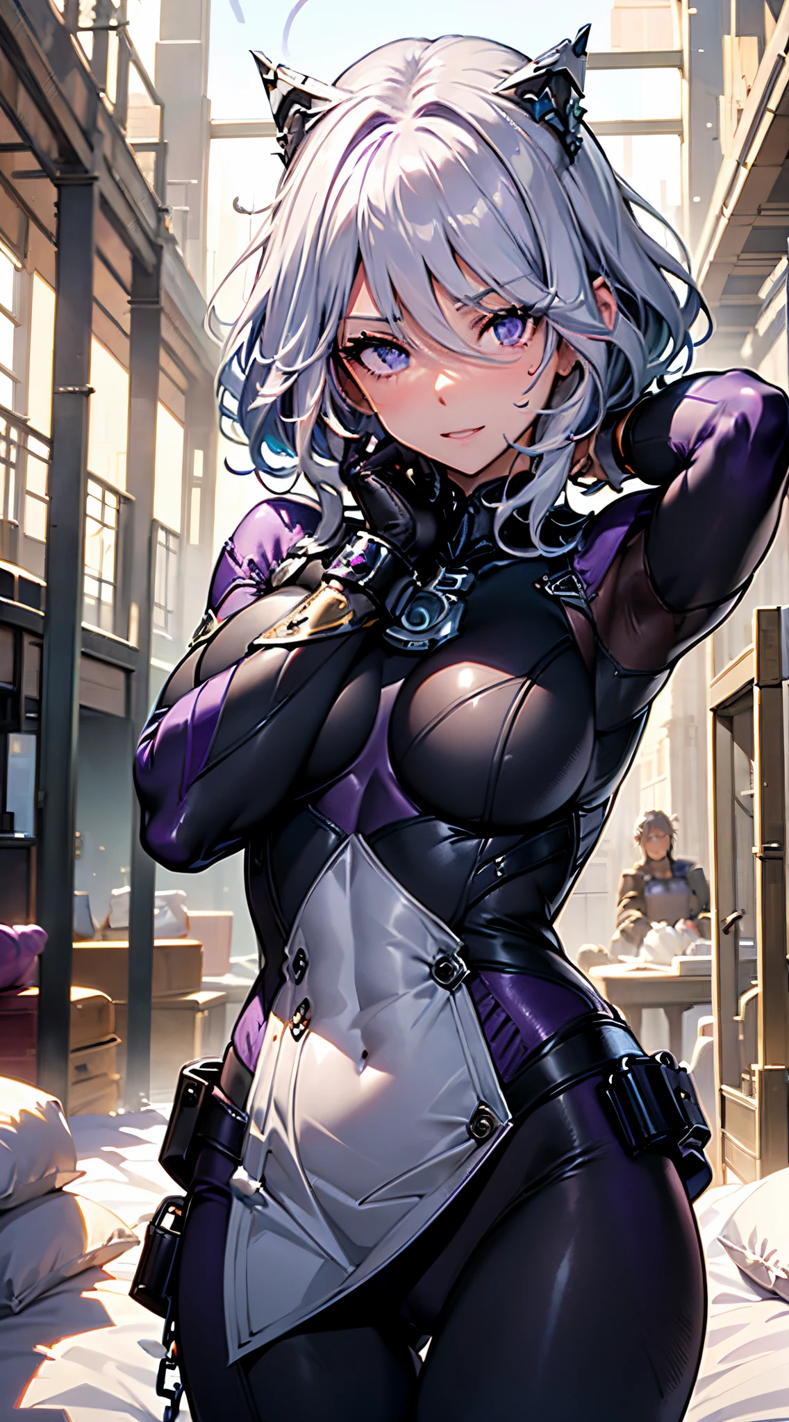 quality、supreme1person girl,queuing, harem, A beautiful girl imprisoned by a villain,, ((Masseter muscle film)), ((A high resolution)), ((Best quality at best)), the detail, (NSFW:1.2 ,face.Excited face.Gladly,,,), (( arms cuffs, Wrists tied)), (purple rubber suit:1.5)、 Girl vs, Glaring, Silver hair, (a short bob)、white skin color, 、statues ,arms cuffs, chain, disgrace, dreads, focal, eye glass、电影灯光, Complete the film,(((Beds))), Realistic lighting with shadows,