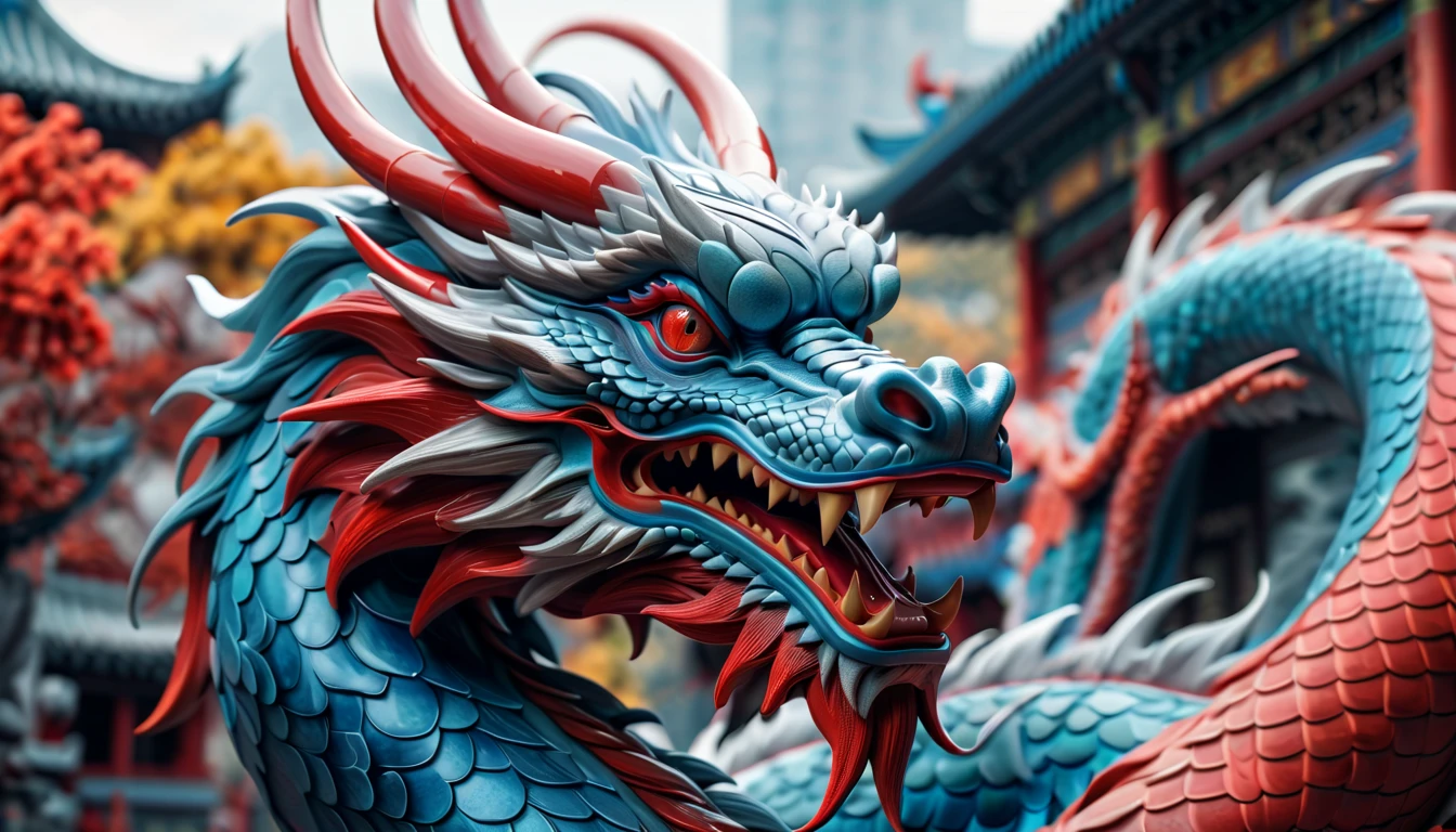 Druged 3d chinese dragon, huge, capsuled dragon 3 d art, stunning artwork, extremely high quality artwork, beautiful artwork, colorful hyperrealism, beeple colors, blue, red, grey, wide shot, (best quality,4k,8k,highres,masterpiece:1.2),ultra-detailed,(realistic,photorealistic,photo-realistic:1.37),HDR,UHD,studio lighting,ultra-fine painting,sharp focus,physically-based rendering,extreme detail description,professional,vivid colors,bokeh. Attention：Original art by Tupu.