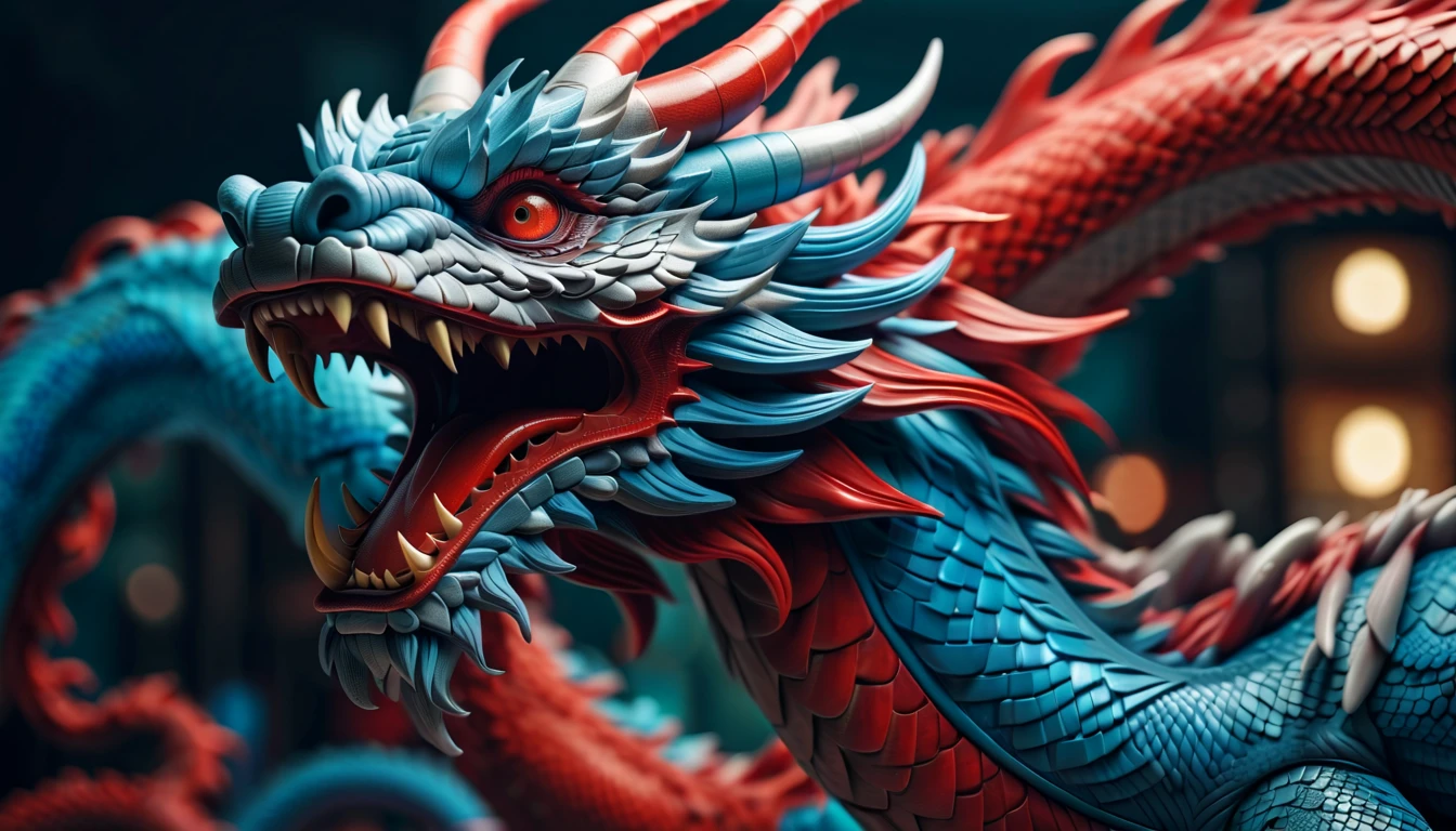Druged 3d chinese dragon, huge, capsuled dragon 3 d art, stunning artwork, extremely high quality artwork, beautiful artwork, colorful hyperrealism, beeple colors, blue, red, grey, wide shot, (best quality,4k,8k,highres,masterpiece:1.2),ultra-detailed,(realistic,photorealistic,photo-realistic:1.37),HDR,UHD,studio lighting,ultra-fine painting,sharp focus,physically-based rendering,extreme detail description,professional,vivid colors,bokeh. Attention:Original art by Tupu.