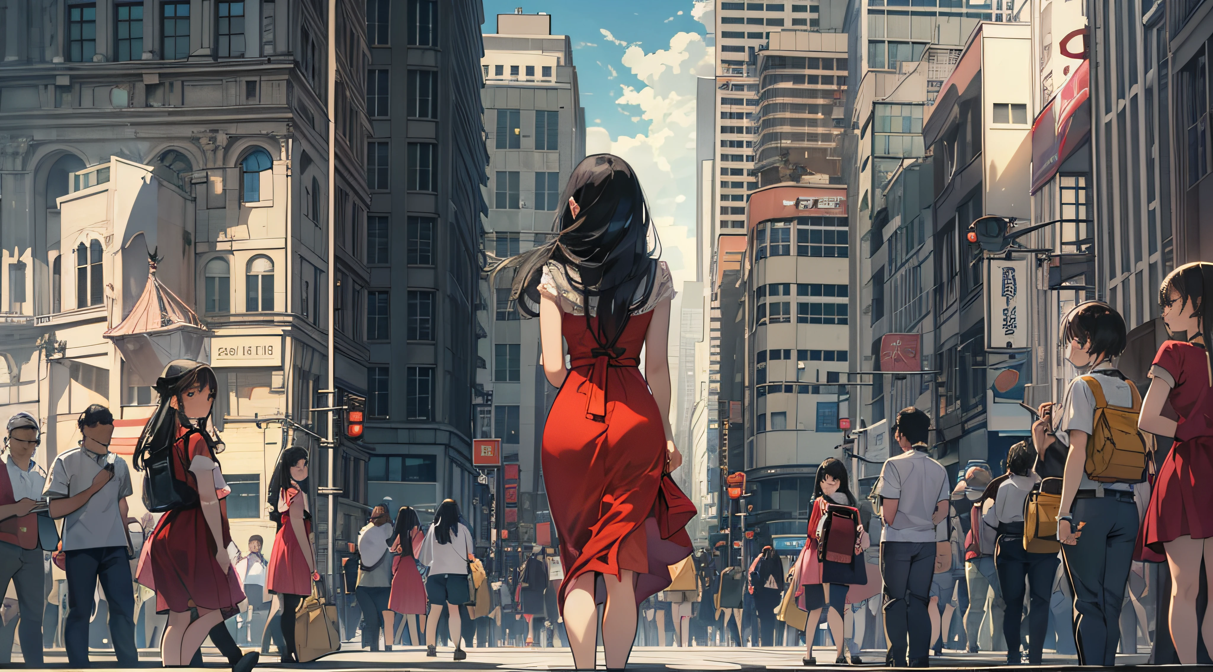 A 25-year-old female celebrity filming a drama in the city......, woman surrounded by many people. woman looking at something ((back-view)) (), Masterpiece, Best Quality, realisitic, 1 rapariga , mature women,beautiful, 25 Years Old, close her eyes, closed mouth, (anime women 1.3) (Cinematic Light 1.5), (Scenes, Wideshot:0.6), ((Best quality at best, high resolucion, Distinct image)), ((Woman with long black hair down to her waist wearing a gorgeous red dress)), [thin eyebrows], accurate, ((bangss)), in front of the building, ((Best Quality)), ((Masterpiece)), (detailed), (s whole body : 1.2)