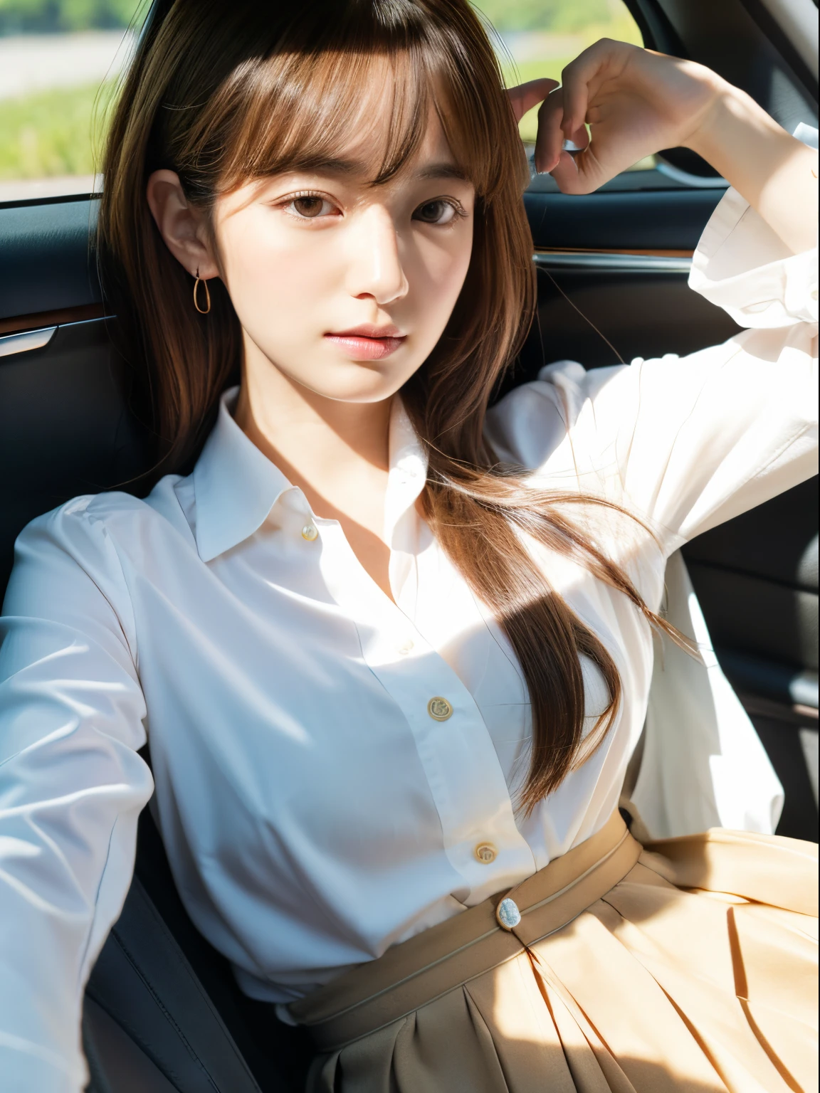 masutepiece, Best Quality, beautiful girl detailed, Illustration, Beautiful detailed eyes, close up, He had chestnut hair, White Pleated Shirt, Cracked buttons on the chest, Skirt. A girl wakes up from sleeping in the car, sunny morning、