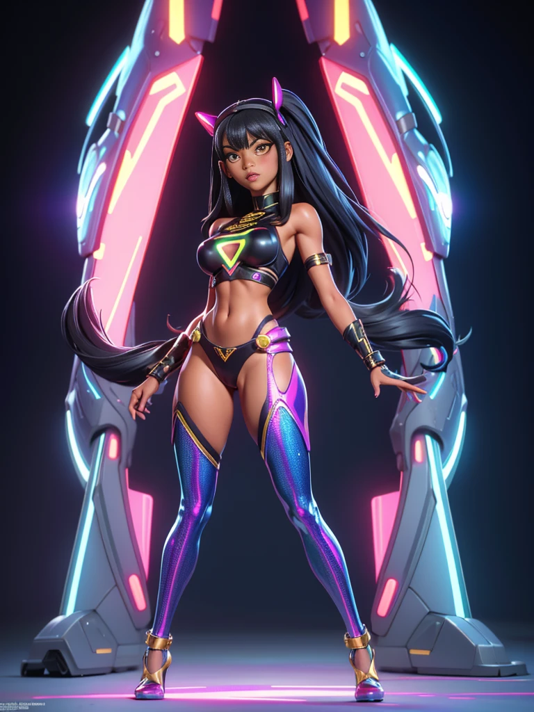 ((full body hyper realistic, full shot, solo, 1girl, masterpiece, Best quality)), (ultra-detailed, detailed: 1.4), 3D cyberpunk nagatoro hayase, long black hair, hairclip hair ornament, (egyptian gyaru bimbo, african bimbo gyaru, thin toned body, long legs, flat belly, thick thighs, narrow waist, sculpted calves, toned flat abdomen), wide hips, beautiful, sexy pose, medium breasts, (colored skin, dark skin, dark skinned female), (futuristic spandex jumpsuit), (holographic sarong skirt), (luminescent lipstick, iridescent girly accessories), thick lips, neon yellow eyes, detailed face, detailed body, detailed eyes, liquid gold, melted gold, bath