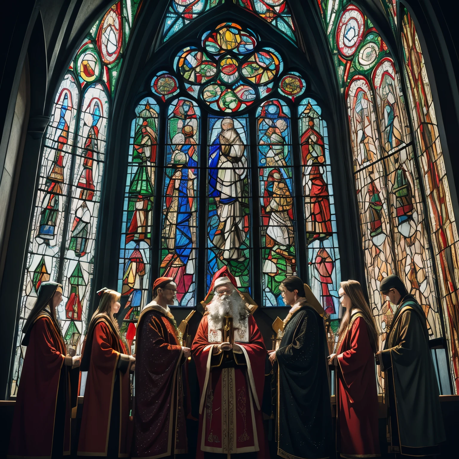 portrait, super high quality, 8k, RAW photo, realistic, detailed and delicate depiction and flashy and dynamic painting method, stained glass pattern style, black line color art, Santa Claus, reindeer, and Christmas trees in the stained glass, and silhouettes of everyone gathers in the church on Holy Night to pray for peace, background kaleidoscope, professional flare lighting