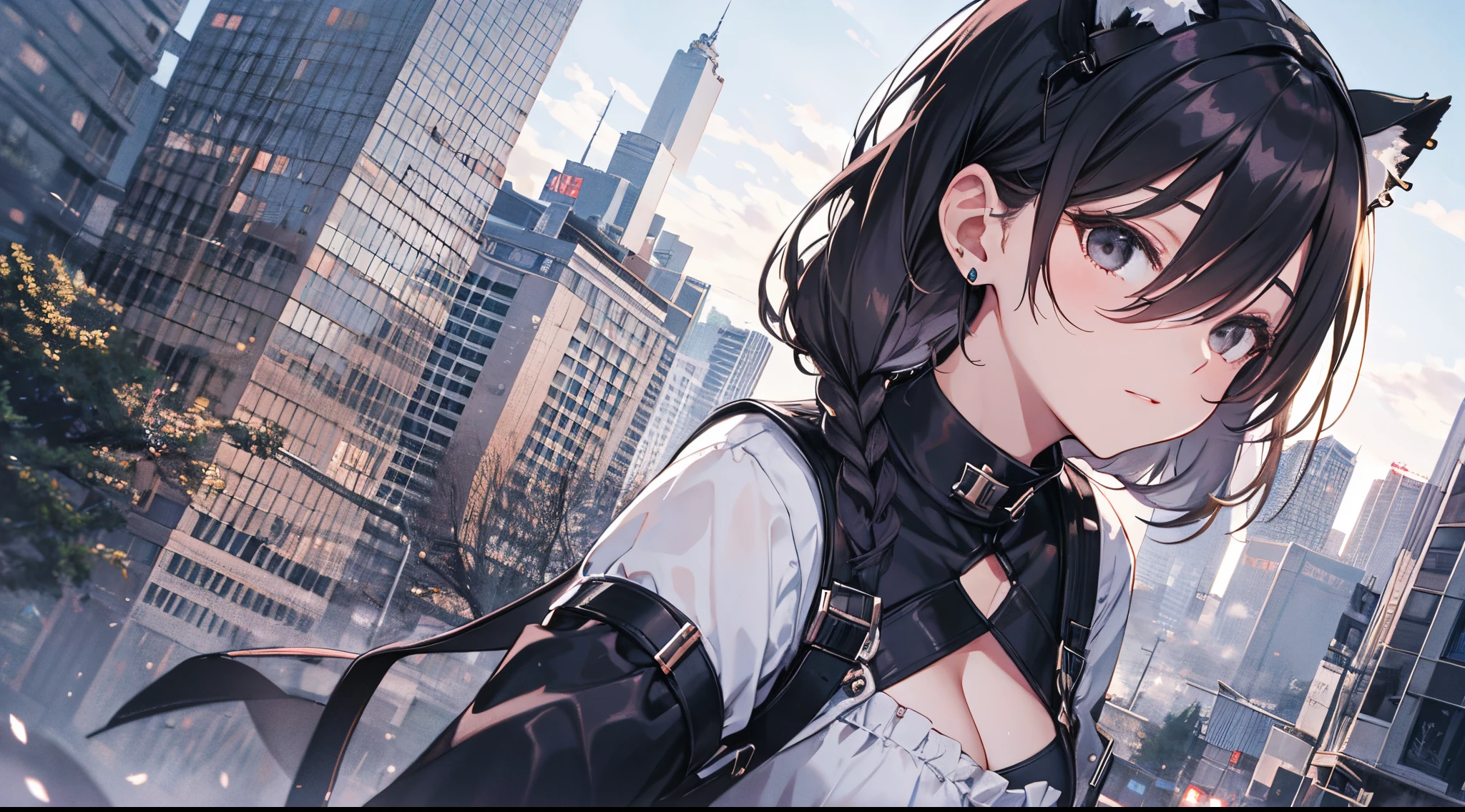 ((tmasterpiece:1.4, Best quality at best))+, (hyper-detailing)+, (delicate black eyes:1.5)+, (Detailed ears:1.5), (cute girls), (The shirt,a white long skirt:1.5), Tight white silk, Short hair details, long braid,biting pigtails,no headwear,(Black flowers:1.2), pale-skinned, (white cloth:1.5), (Black Martin boots:1.4), modern ,The giant sword located in the center of the city,Surrounded by huge black trees, The whole city shrouded in thick fog,Mechanical construction,Railcars,Giant black crystals are scattered throughout the city,Looking up at tall buildings from the street,Flying dust,(city in fog:1.1), (dawn light:1.2), ), (closeup cleavage:1.1), the only person, bell, Dark black hair, hair covering one eye, V-shaped eyebrows, Gloom (expressed), from back, from the above, Best quality at best, A high resolution, high detal, high high quality, 16k