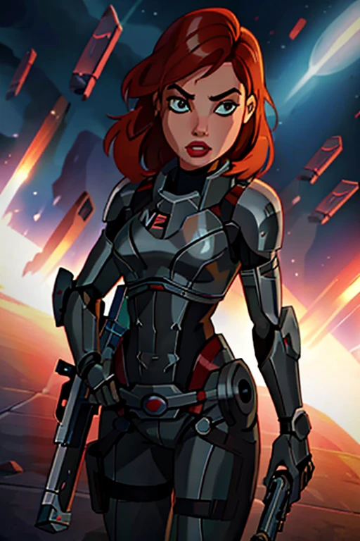 FemaleShepardME, 1girl, weapon, solo, realistic, gun, science fiction, red hair, space, rifle, makeup, lips, lipstick