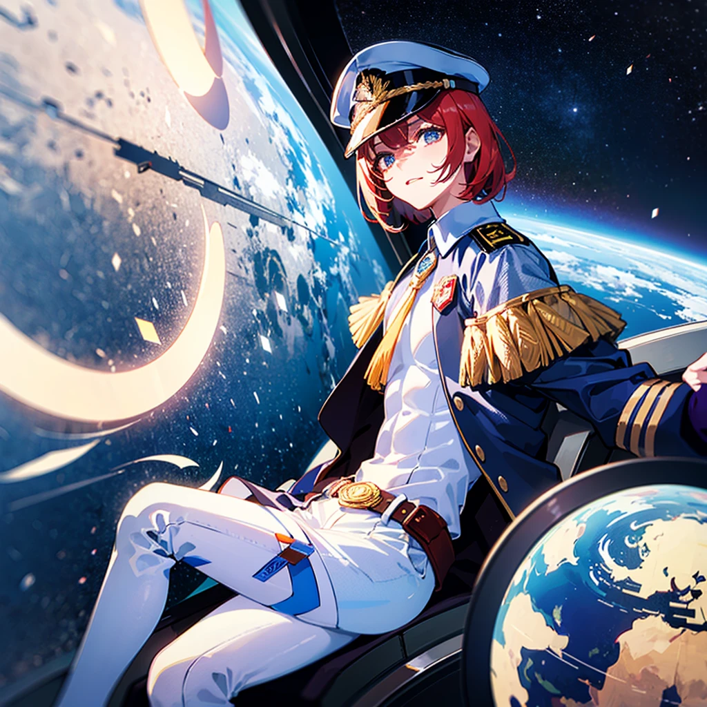 (((masterpiece)))、(((Top image quality)))、(((top-quality)))、(Illustration of one woman)、full bodyesbian、30-years old、(Viceroy)、((Red-haired shorthair))、(Thin hair hanging down both sides of the face)、Blue eyes、((Tall))、((Muscular and strong body))、((manspreading))、opening legs、((Military uniforms))、((Military Cap))、((Military coat))、(white clothes)、(White pants)、(White cap)、trench coat、((Inside the spaceship、Sitting in the captain's seat))、(Outside the window、kosmos、Earth seen from space、Spaceport)