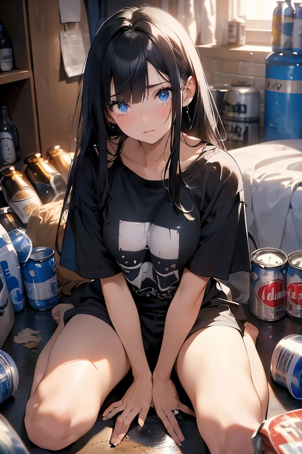 prompt:scene:0.9, (masterpiece), (((ultra detailed, 8k quality))), high quality, (a girl in an oversized black t-shirt, sitting on knees), (long black hair, side bangs, full body:0.7), ((torso)), perfect fingers, wide shot:0.7, expressive sapphire blue eyes, (looking at viewer with pleading eyes, black hair, side bangs, expressive blue eyes:0.7, distraught, sad, (depth perception:0.7, messy apartment background, blurry background), 25 years old, (distanced), ((tears in eyes)), horrified, facing viewer, 18 years old, (perfect legs), empty beer cans, garbage bags, dirty laundry