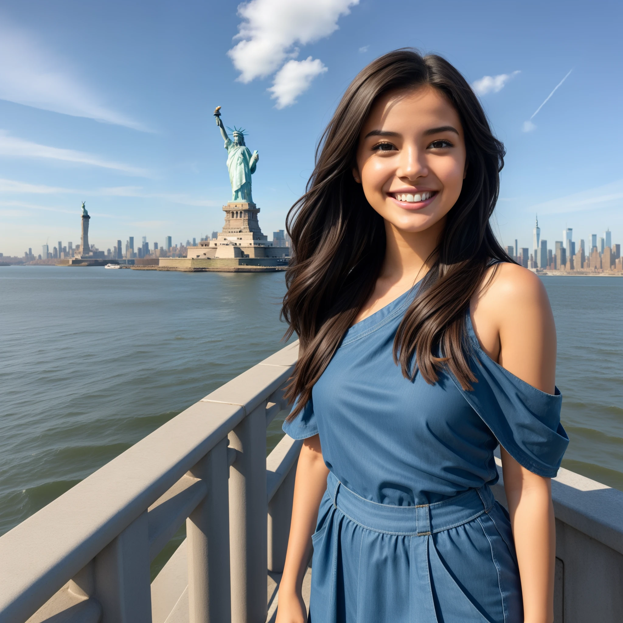 arafed woman with long hair and covered up smiling, wavy shoulder-length hair, shoulder-length brown hair, beautiful young woman, cute young woman, messy shoulder-length dark hair, attractive young woman, dark short curly hair smiling, cute woman, isabela moner, beautiful and smiling, a cute and beautiful young woman, gorgeous woman, wealthy, city life, sunny day, hyper realistic, insane detail, New york city, visting statue of liberty, statue of liberty background, standing on ferry with state of liberty in the background