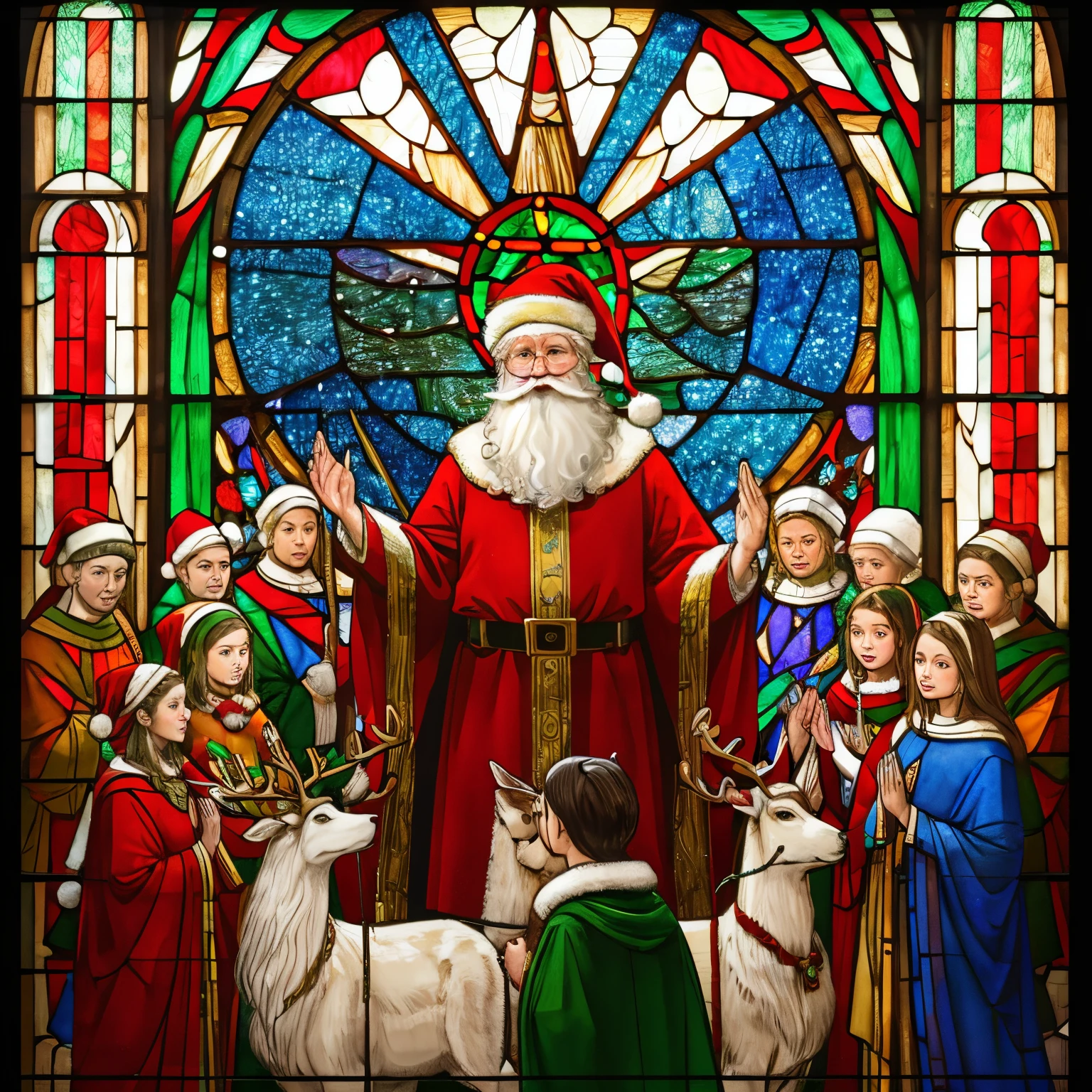 portrait, super high quality, 8k, RAW photo, realistic, detailed and delicate depiction and flashy and dynamic painting method, stained glass pattern style, black line color art, Santa Claus, reindeer, and Christmas trees in the stained glass, and silhouettes of everyone gathers in the church on Holy Night to pray for peace, background kaleidoscope, professional flare lighting