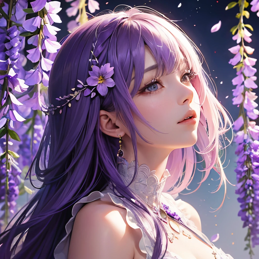offcial art,统一 8k 壁纸,ultra - detailed,Beauty and aesthetics,tmasterpiece,best qualtiy,(Wisteria flowers),(Purple petals)(s fractal art:1.3),NOhumans,The is very detailed,Light colors,romanticism lain
