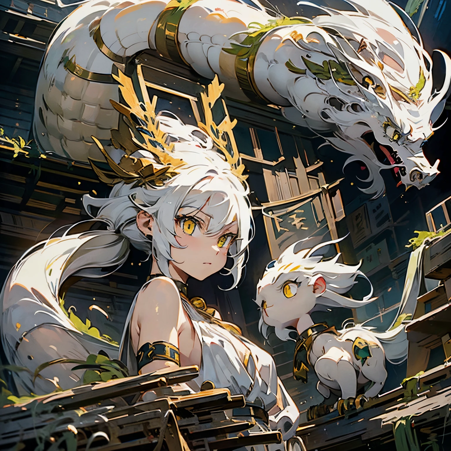 white hair girl, yellow eyes, fierce white dragon behind with yellow eyes