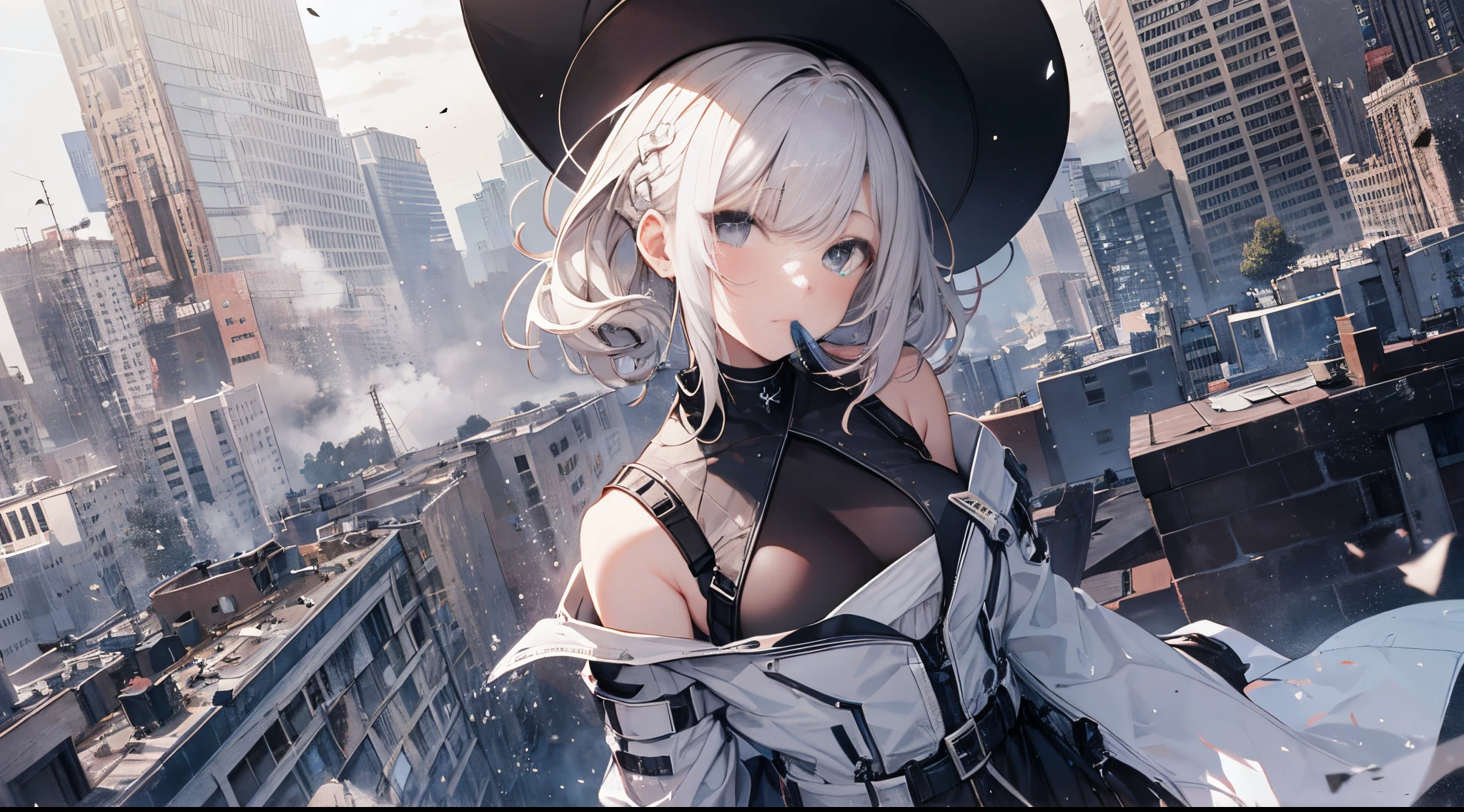 ((tmasterpiece:1.4, Best quality))+, (hyper-detailing)+, (exquisite black eyes:1.5)+, (Detailed ears:1.5), (cute girls), (The shirt,a white long skirt:1.5), Tight white silk, Short hair details, long braid,biting pigtails,no headwear,(Black flowers:1.2), pale-skinned, (white cloth:1.5), (Black Martin boots:1.4), modern ,Great sword in the center of the city,Surrounded by huge black trees, The whole city shrouded in thick fog,Mechanical City,Giant black crystals are scattered throughout the city,Looking up at tall buildings from the street,Flying dust,(white headscarf:1.1), (dawn light:1.2), ), (closeup cleavage:1.1), the only person, bell, Dark black hair, hair covering one eye, V-shaped eyebrows, Gloom (Expressing the), from back, from the above, Best quality, A high resolution, high detal, high high quality, 16k