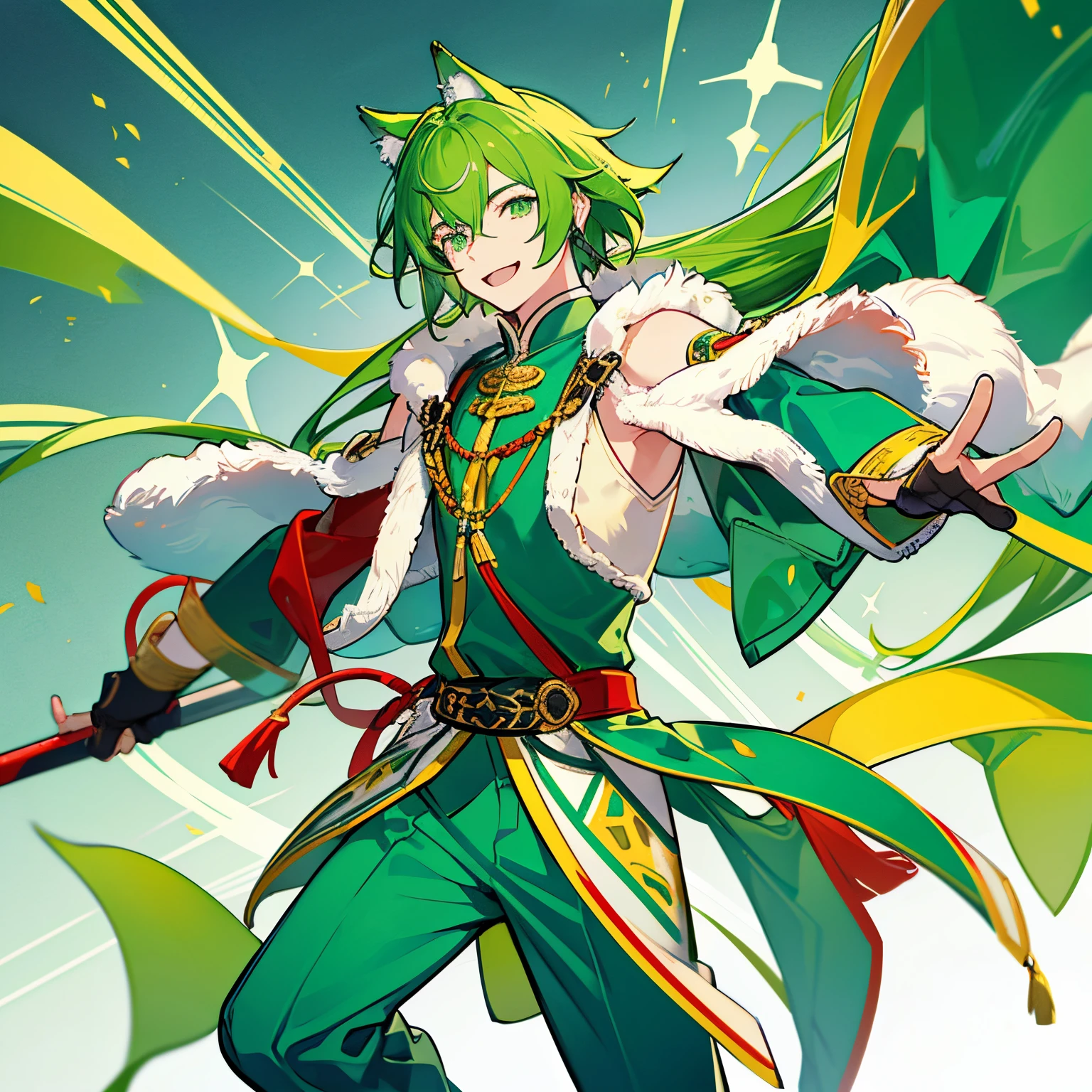 age male, yellow-green hair, medium-length, wolf cut, green eyes, wearing Mongolian folk costume Dale (green, red line), smiling
