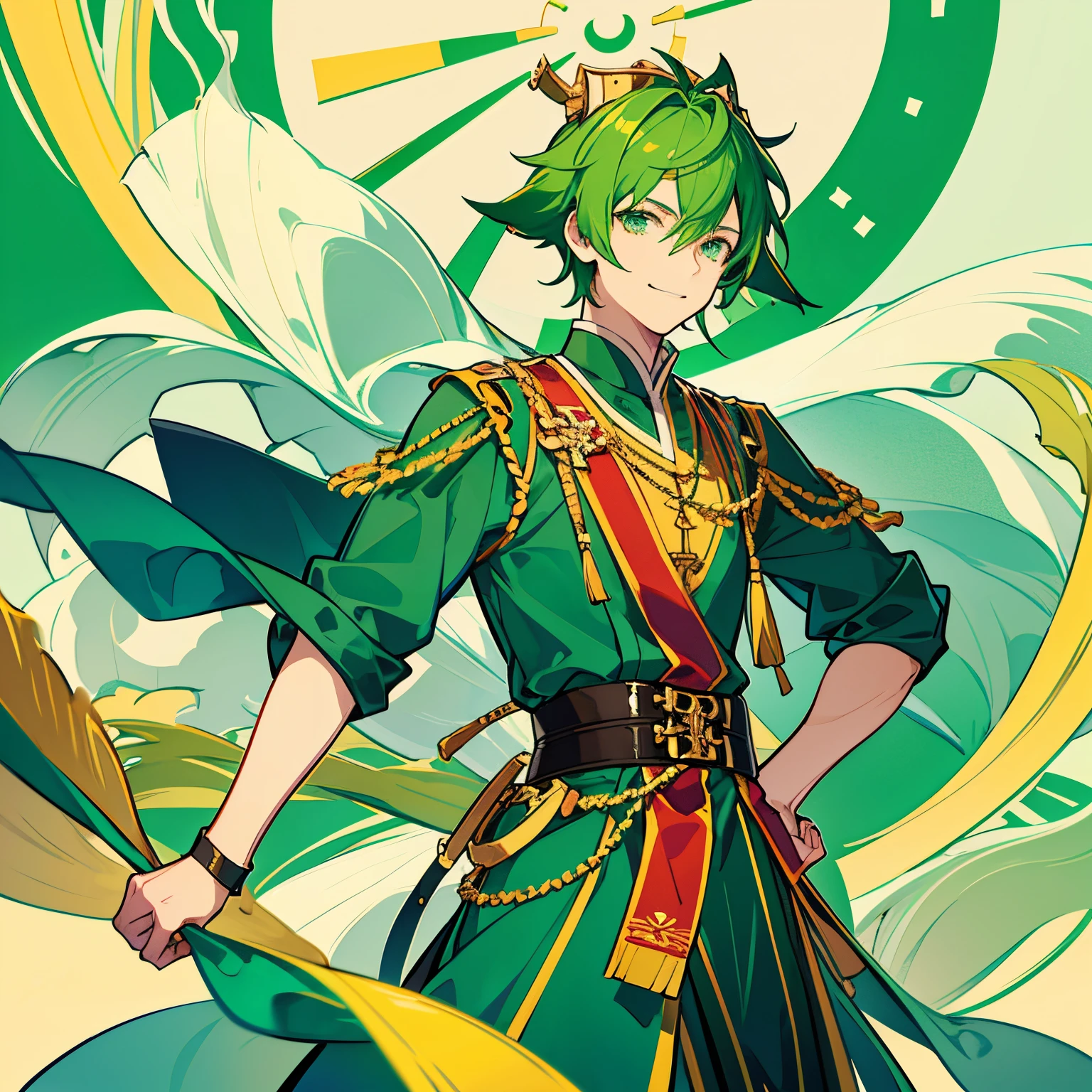 Teenage male, yellow-green hair, medium-length, wolf cut, green eyes, wearing Mongolian folk costume Dale (green, red line), smiling