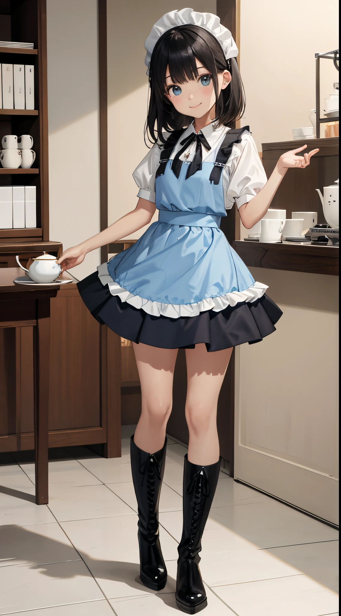 1 girl in、as-、A smile、The shirt、skirt by the、（small tit）、doress、one hand holding a plate，aprons、hair adornments、Chevoglis Court、（Light blue maid outfit）、（The whole body  from head to toe），character  design，（Full body like），Puffy skirt，teapot，Wear leather boots，