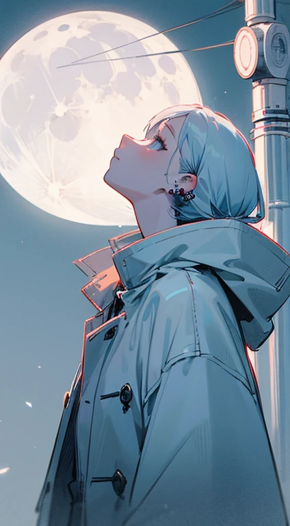 Woman looking up at the moon The moon is hazy with fog Waiting for a traffic light at an intersection A woman's breath is white Cold sky Wearing a coat three ear piercings