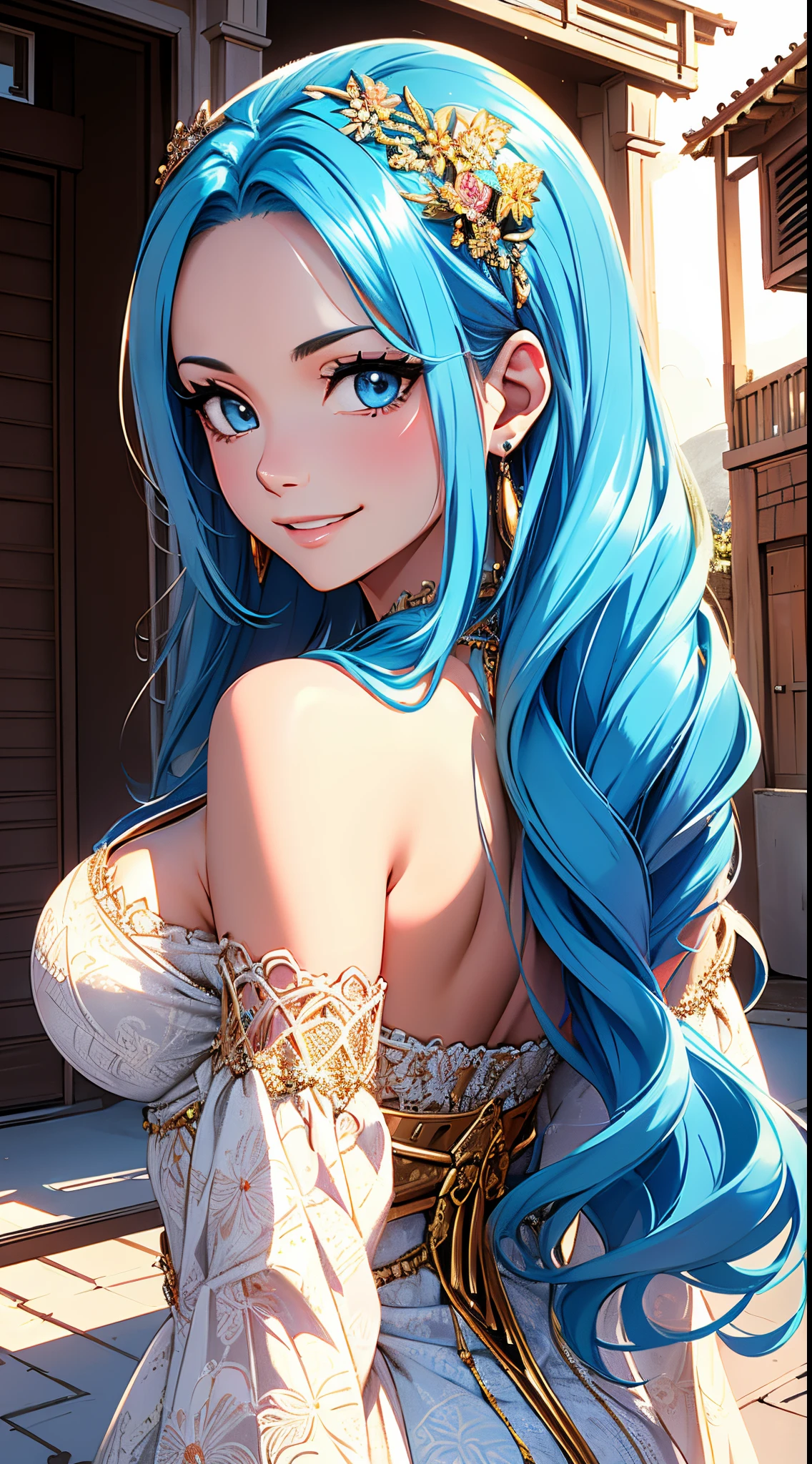 masutepiece, ((Ultra detailed backgrounds, Delicate pattern, intricate detailes)), (Highly detailed, Quality with attention to detail, 1girll, Long hair, cleavage，Large breasts，Off-the-shoulder clothing，Blue hair, Solo, Jewelry, earrings, poneyTail, hair adornments, Necklace, skyporn, Blue eyes, intricate detailed background, Outside, Sunny, Desert town environment,  Hair Lift, Put your hands behind your back,, Smile,sexyposture