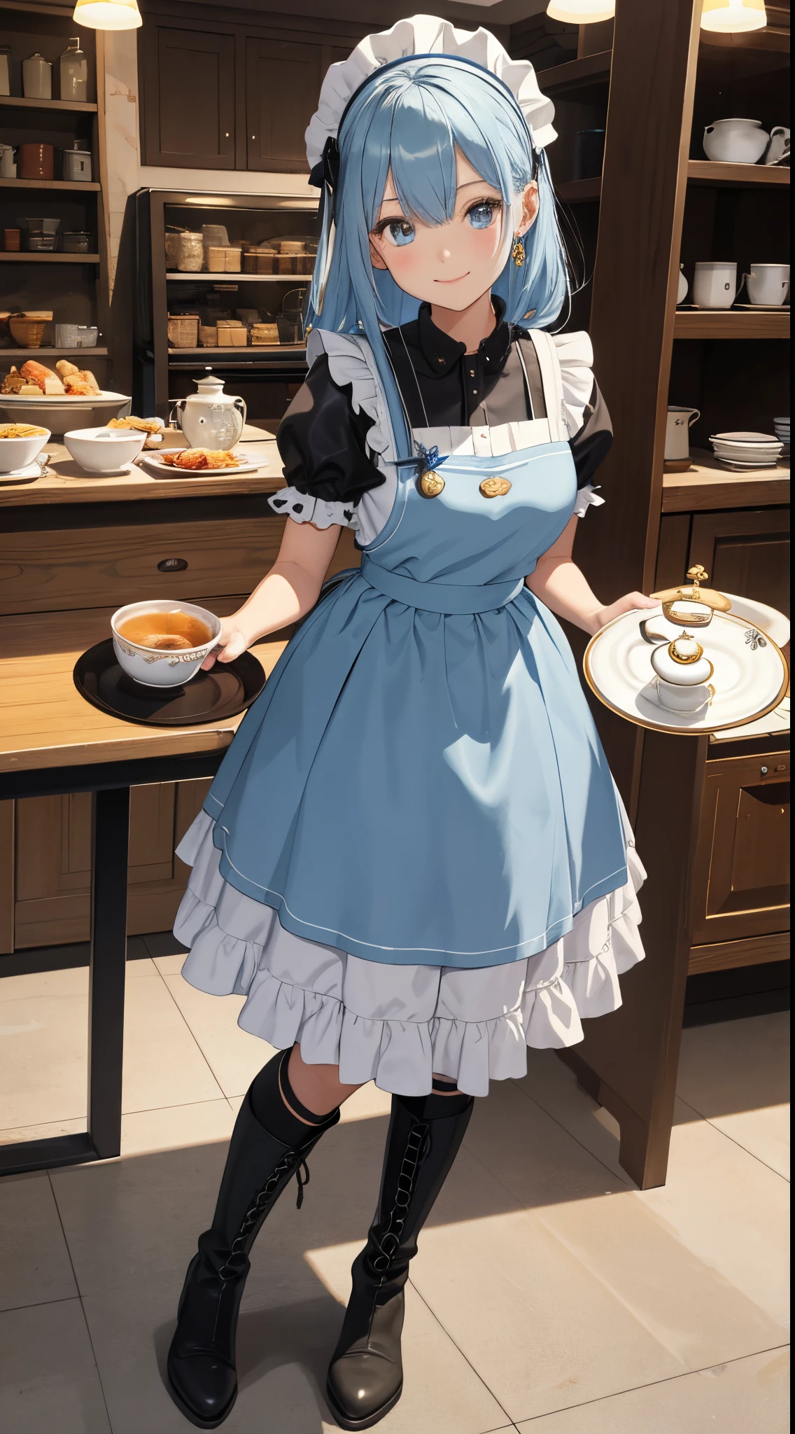 1 girl in、as-、A smile、The shirt、skirt by the、（small tit）、doress、one hand holding a plate，aprons、hair adornments、Chevoglis Court、（Light blue maid outfit）、（The whole body  from head to toe），character  design，（Full body like），Puffy skirt，Holding a teapot，Wear leather boots，Elegant posture