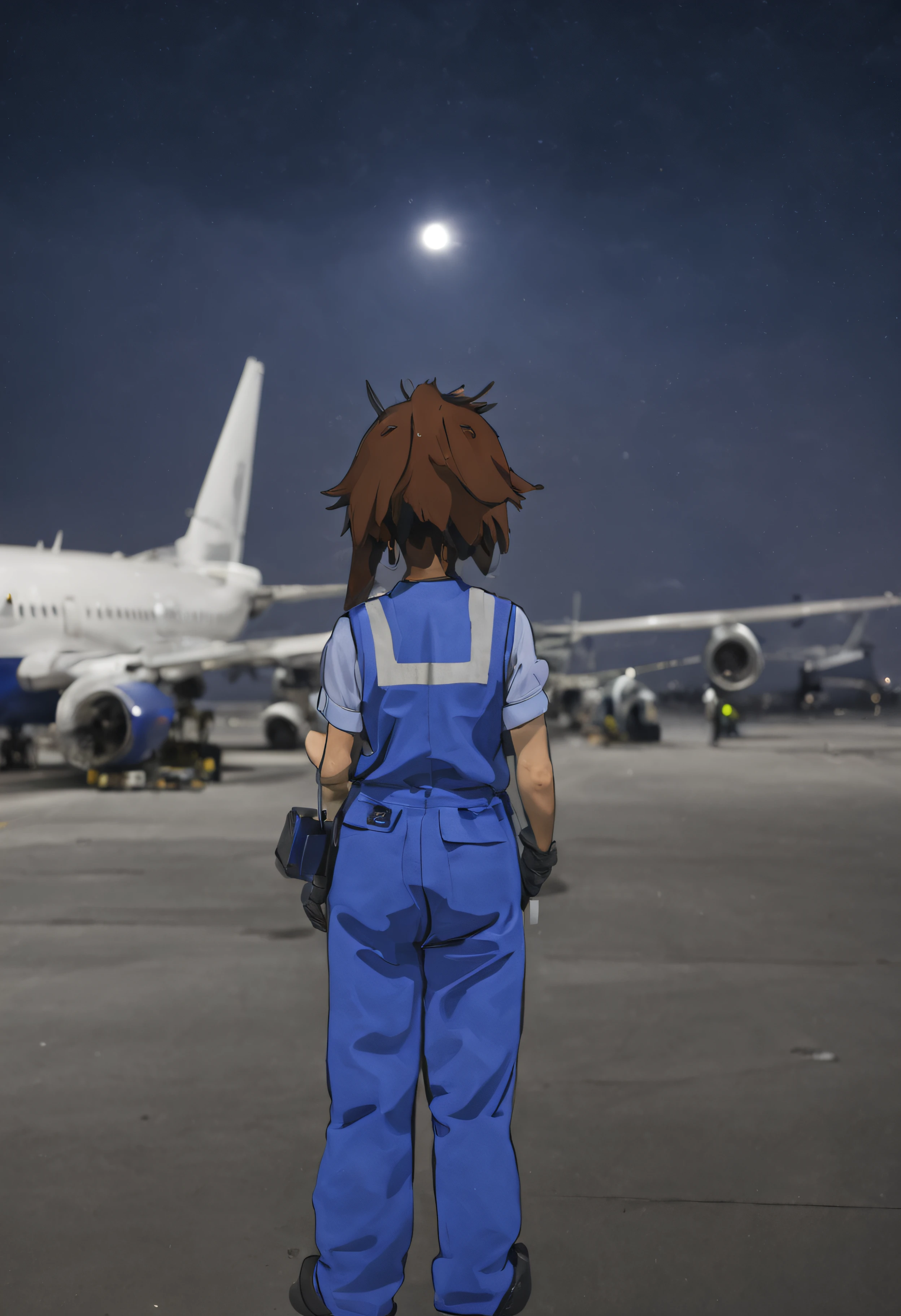 during night，Maintenance worker wearing blue overalls，Aircraft maintenance，Boeing aircraft