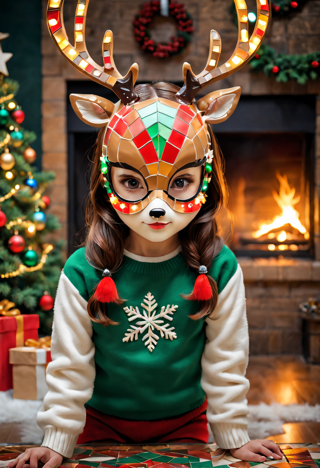 one-girl, (Cute deer mask mosaic christmaaterpiece: mosaic cute; extra detail: Cosy and comfortable living room, Colorful Christmas lights, Beautifully decorated Christmas tree, and crackling fireplace.; Picture quality: (Best quality at best, Level, hentail realism: 1.37), vivd colour, Clear focus; art-style: festive, mosaic art, Christmas atmosphere, festive; shades: a warm color palette, red and green shades; lamplight: soft and warm lighting.