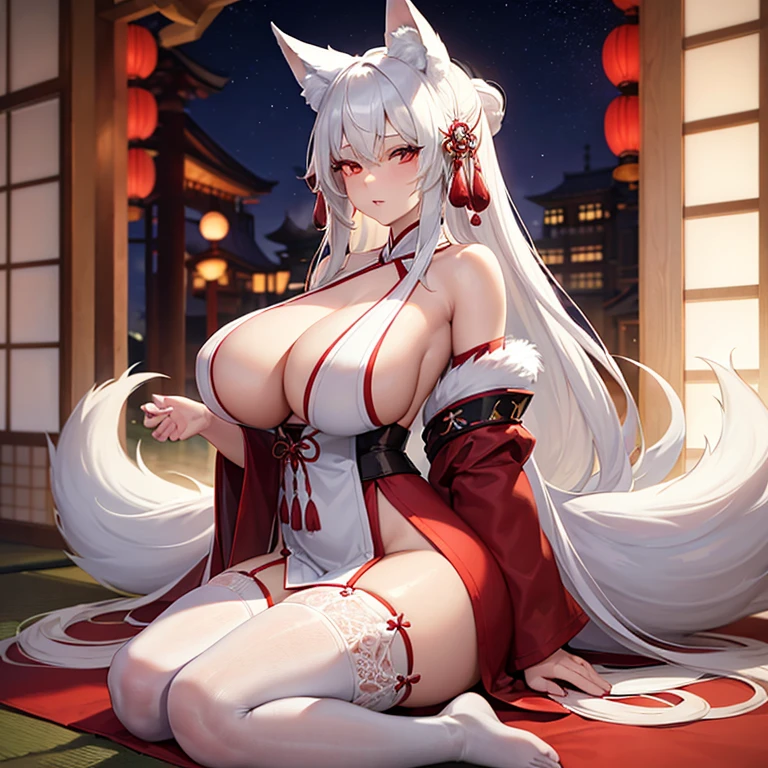 Girl with long white hair and red eyes, japanese robe with fur trim V neck, fur trim, breasts exposed, white fox ears, fox tails, kitsune, massive boobs, large ass, wide hips, thigh high fishnets, beautiful, masterpiece, sitting, outside, tails,