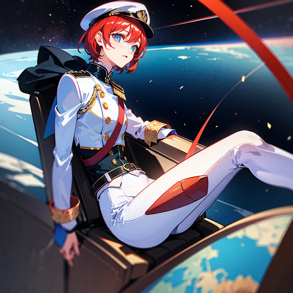 (((masterpiece)))、(((Top image quality)))、(((top-quality)))、(Illustration of one woman)、full bodyesbian、30-years old、(Viceroy)、((Red-haired shorthair))、(Thin hair hanging down both sides of the face)、Blue eyes、((Tall))、((Muscular and strong body))、((manspreading))、opening legs、((Military uniforms))、((Military Cap))、((Military coat))、(white clothes)、(White pants)、(White cap)、trench coat、((Inside the spaceship、Sitting in the captain's seat))、(Outside the window、kosmos、Earth seen from space、Spaceport)