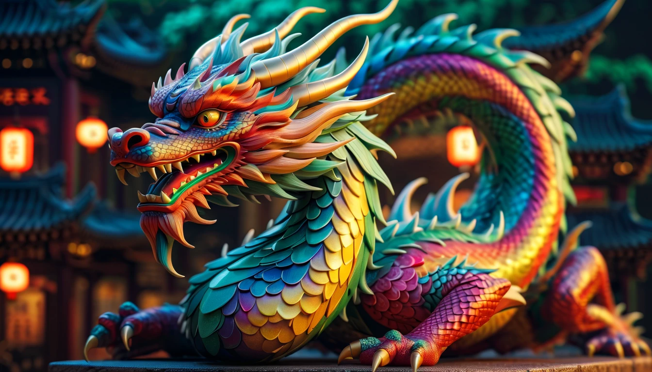 Druged 3d chinese dragon, huge, capsuled dragon 3 d art, stunning artwork, extremely high quality artwork, beautiful artwork, colorful hyperrealism, beeple colors, multicolor, wide shot, (best quality,4k,8k,highres,masterpiece:1.2),ultra-detailed,(realistic,photorealistic,photo-realistic:1.37),HDR,UHD,studio lighting,ultra-fine painting,sharp focus,physically-based rendering,extreme detail description,professional,vivid colors,bokeh. Attention:Original art by Tupu.