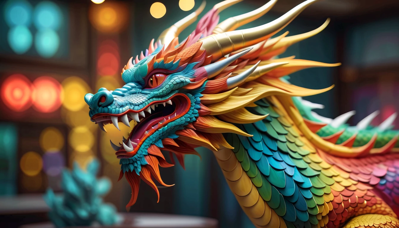 Druged 3d chinese dragon, huge, capsuled dragon 3 d art, stunning artwork, extremely high quality artwork, beautiful artwork, colorful hyperrealism, beeple colors, multicolor, wide shot, (best quality,4k,8k,highres,masterpiece:1.2),ultra-detailed,(realistic,photorealistic,photo-realistic:1.37),HDR,UHD,studio lighting,ultra-fine painting,sharp focus,physically-based rendering,extreme detail description,professional,vivid colors,bokeh. Attention：Original art by Tupu.