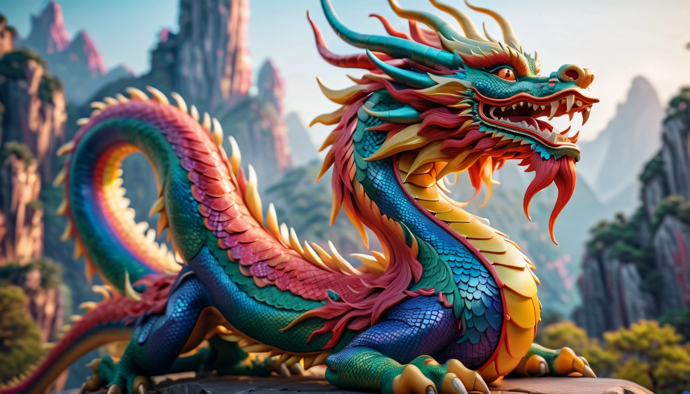 Druged 3d chinese dragon, huge, capsuled dragon 3 d art, stunning artwork, extremely high quality artwork, beautiful artwork, colorful hyperrealism, beeple colors, multicolor, wide shot, (best quality,4k,8k,highres,masterpiece:1.2),ultra-detailed,(realistic,photorealistic,photo-realistic:1.37),HDR,UHD,studio lighting,ultra-fine painting,sharp focus,physically-based rendering,extreme detail description,professional,vivid colors,bokeh. Attention:Original art by Tupu.