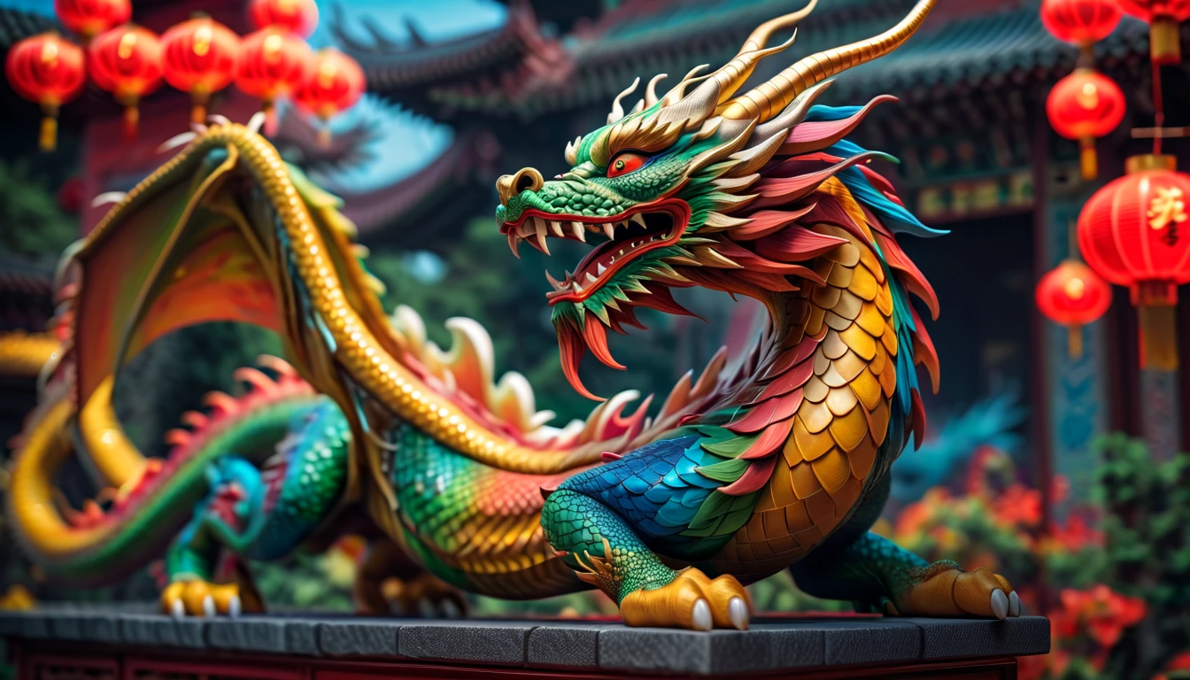 Druged 3d chinese dragon, huge, capsuled dragon 3 d art, stunning artwork, extremely high quality artwork, beautiful artwork, colorful hyperrealism, beeple colors, multicolor, wide shot, (best quality,4k,8k,highres,masterpiece:1.2),ultra-detailed,(realistic,photorealistic,photo-realistic:1.37),HDR,UHD,studio lighting,ultra-fine painting,sharp focus,physically-based rendering,extreme detail description,professional,vivid colors,bokeh. Attention:Original art by Tupu.