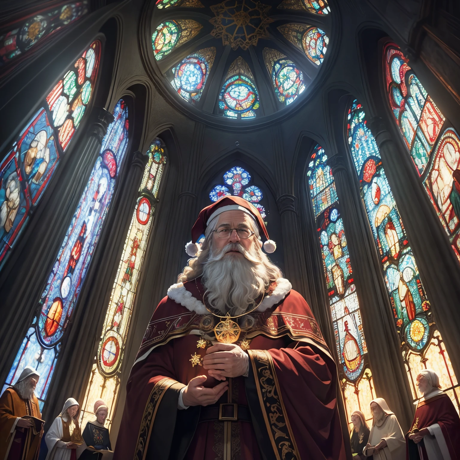 portrait, super high quality, 8k, RAW photo, realistic, detailed and delicate depiction and flashy and dynamic painting method, stained glass pattern style, black line color art, Santa Claus, reindeer, and Christmas trees in the stained glass, and silhouettes of everyone gathers in the church on Holy Night to pray for peace, background kaleidoscope, professional flare lighting