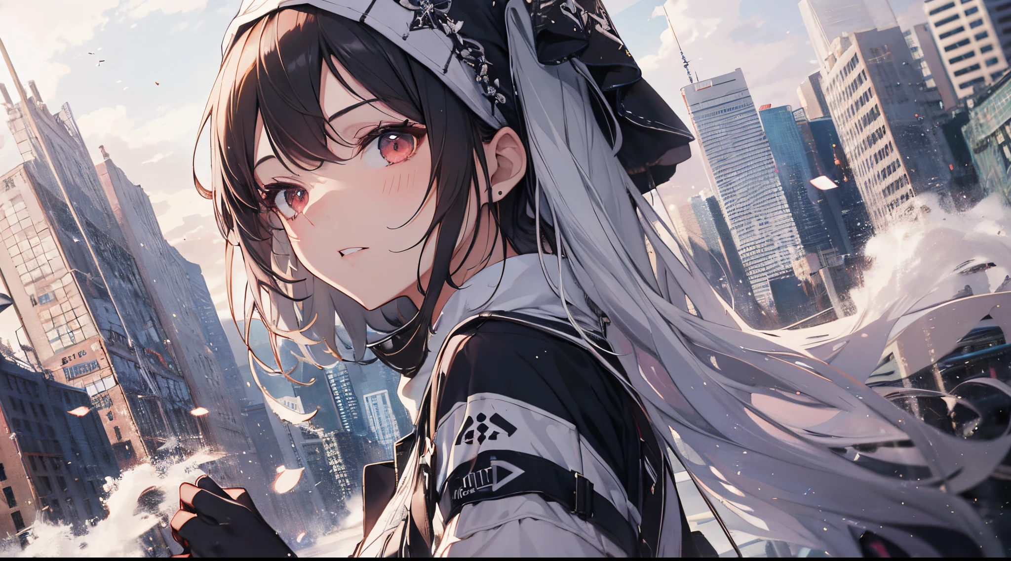 ((tmasterpiece:1.4, Best quality))+, (hyper-detailing)+, (exquisite red eye:1.5)+, (Detailed ears:1.5), (cute girls), (The shirt,a white long skirt:1.5), Tight white silk, Short hair details, long braid,biting pigtails,no headwear,(Black flowers:1.2), pale-skinned, (white cloth:1.5), (Black Martin boots:1.4), modern ,Great sword in the center of the city,Surrounded by huge black trees, The whole city shrouded in thick fog,Mechanical City,Giant black crystals are scattered throughout the city,Looking up at tall buildings from the street,Flying dust,(white headscarf:1.1), (dawn light:1.2), ), (closeup cleavage:1.1), the only person, Dark black hair, hair covering one eye, V-shaped eyebrows, Gloom (expressed), from back, from the above, Best quality, A high resolution, high detal, high high quality, 16k