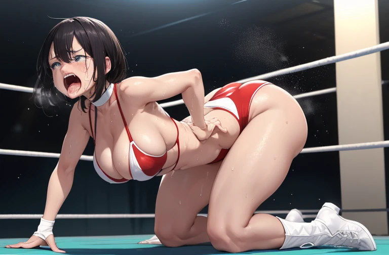 full body photographed、masterpiece、top-quality、hight resolution、weak、High leg cut swimsuit、white sporty boots、Sweaty skin、Professional wrestling venues、professional wrestling、((On the ring of professional wrestling:1.1))、Red face、30 years old, mature woman,((all-fours:1.2))、 Inner Stock、Crying、Scream、Mouth open、knockout、syncope、vomiting、anguished expression、agony、steam、(saggy tits:1.2)、Solo、disheveled hair、eyelids are swollen,(big ass:1.2)