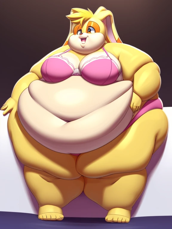 Cream the rabbit, (li), 6 yeirl, (morbidly obese), (very fat face), (double chin), huge belly, wide hips, huge butt, (immobile), white bra and panties, sitting, eating cake, gluttony, surrounded by cake, messy face, dreamy smile, view from above