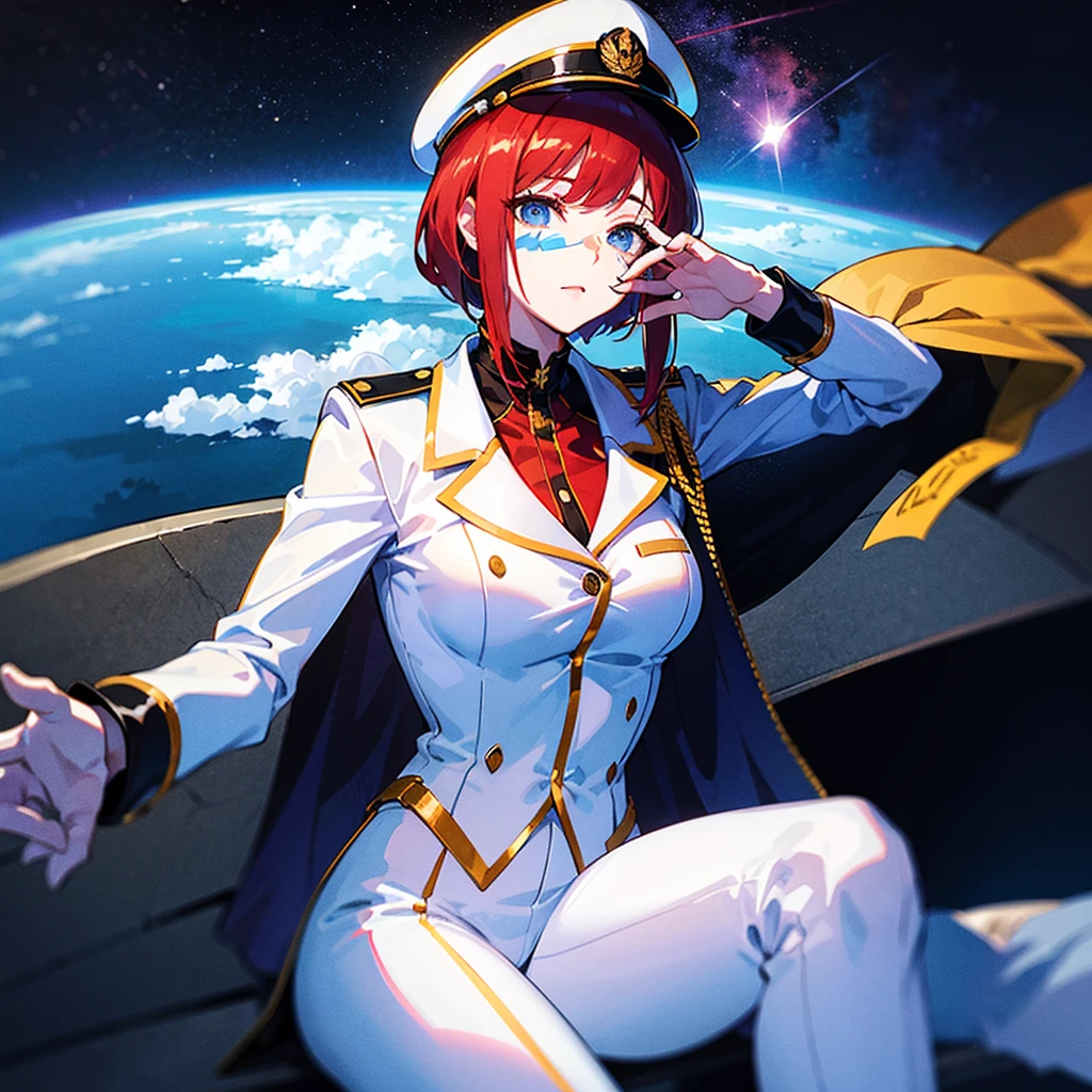 （（（​masterpiece）））、（（（Top image quality）））、（（（top-quality）））、（Illustration of one woman）、full bodyesbian、30-years old、（Viceroy）、（（Red-haired shorthair））、（Thin hair hanging down both sides of the face）、Blue eyes、（（Tall））、（（Muscle Woman））、（（manspreading））、opening legs、（（Military uniforms））、（（Military Cap））、（（Military coat））、（white  clothes）、（White pants）、（White cap）、trench coat、（（Inside the spaceship、Sitting in the captain's seat））、（Outside the window、kosmos、Earth seen from space、Spaceport）