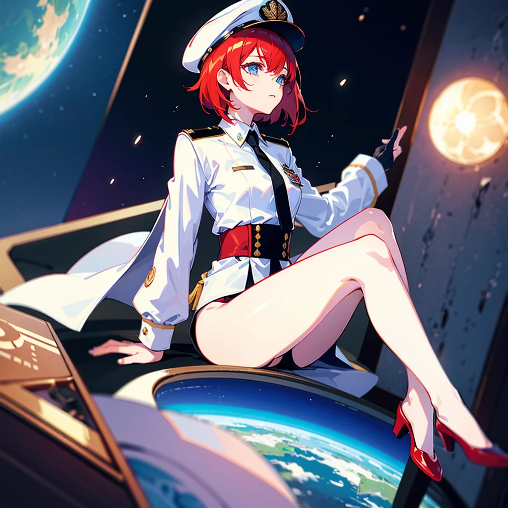 (((masterpiece)))、(((Top image quality)))、(((top-quality)))、(Illustration of one woman)、full bodyesbian、30-years old、(Viceroy)、((Red-haired shorthair))、(Thin hair hanging down both sides of the face)、Blue eyes、((Tall))、((Muscle Woman))、((manspreading))、opening legs、((Military uniforms))、((Military Cap))、((Military coat))、(white clothes)、(White pants)、(White cap)、trench coat、((Inside the spaceship、Sitting in the captain's seat))、(Outside the window、kosmos、Earth seen from space、Spaceport)