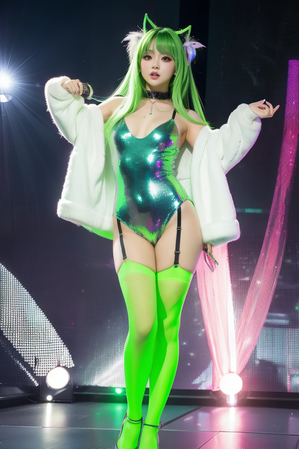 female idol、full body Esbian、、silver sequin bodysuit、Sheer pantyhose、Good Style、Fluorescent Green Hair