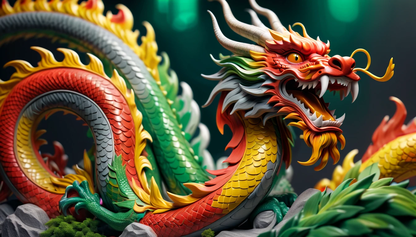 Druged 3d chinese dragon, huge, capsuled dragon 3 d art, stunning artwork, extremely high quality artwork, beautiful artwork, colorful hyperrealism, beeple colors, red, yellow, orange, grey, green, wide shot, (best quality,4k,8k,highres,masterpiece:1.2),ultra-detailed,(realistic,photorealistic,photo-realistic:1.37),HDR,UHD,studio lighting,ultra-fine painting,sharp focus,physically-based rendering,extreme detail description,professional,vivid colors,bokeh. Attention:Original art by Tupu.