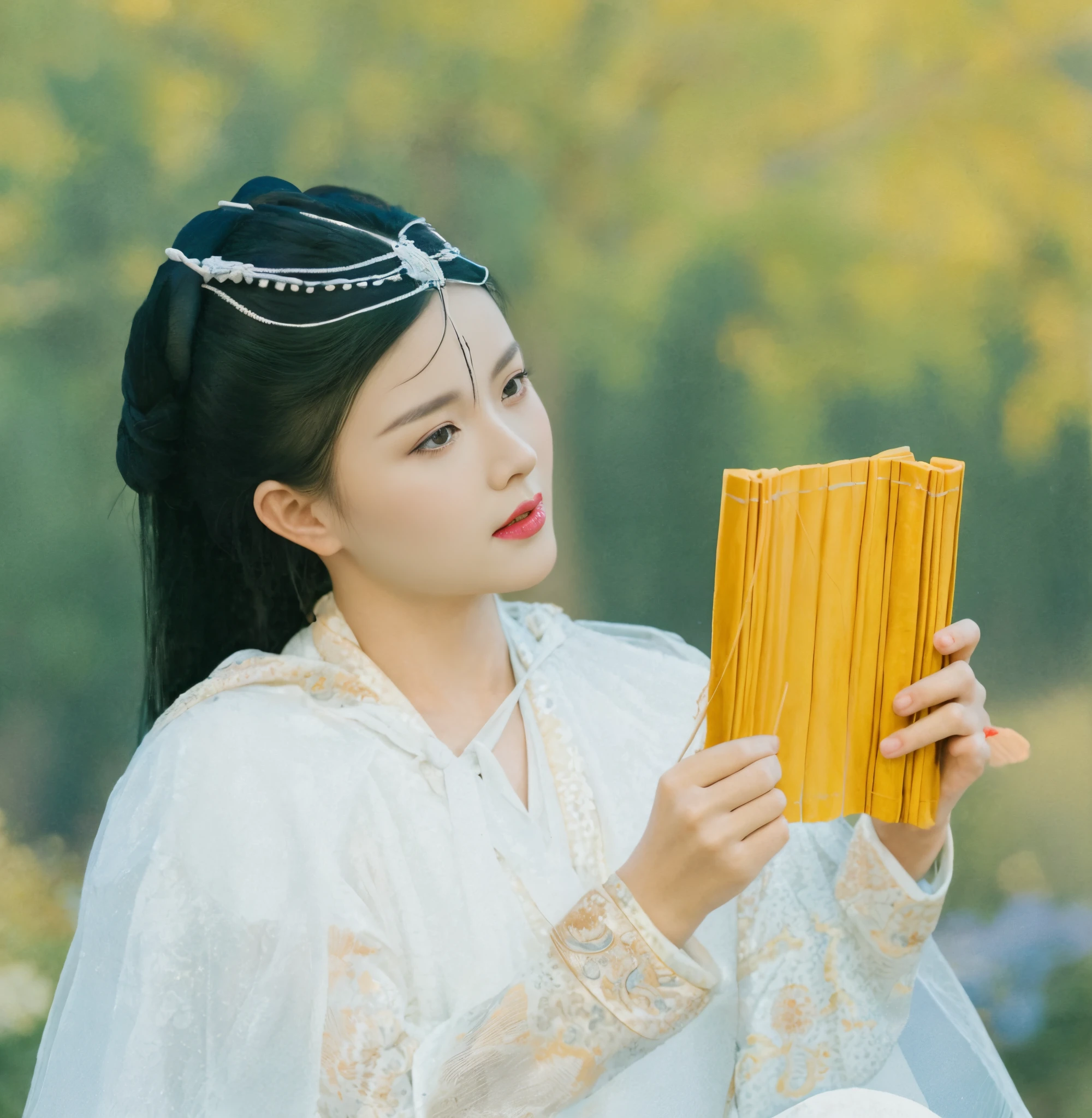 Couple in traditional Chinese clothes holding fans and looking, 宮 ， A girl in Hanfu, white hanfu, Hanfu, Wearing ancient Chinese clothes, Chinese traditional, heise-lian yan fang, Chinese woman, xianxia, Chinese style, Inspired by Song Huizong, Matches ancient Chinese costumes，Kazlan opened his eyes wide.，