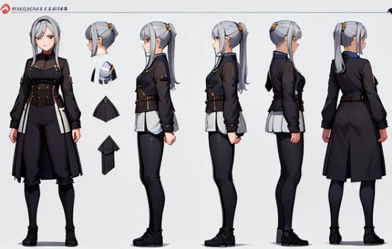((masterpiece)),(((best quality))),(character design sheet, same character, front, side, back), illustration, 1 girl, charturnbetalora, concept art, character concept art, character sketch, reference sheet, character sheet, ( background, white background: 1.3),gold eyes,silver hair,ager,medium breast,black coat,black trousers,black boots,button gap,sci-fi, ponytail hair,long hair,