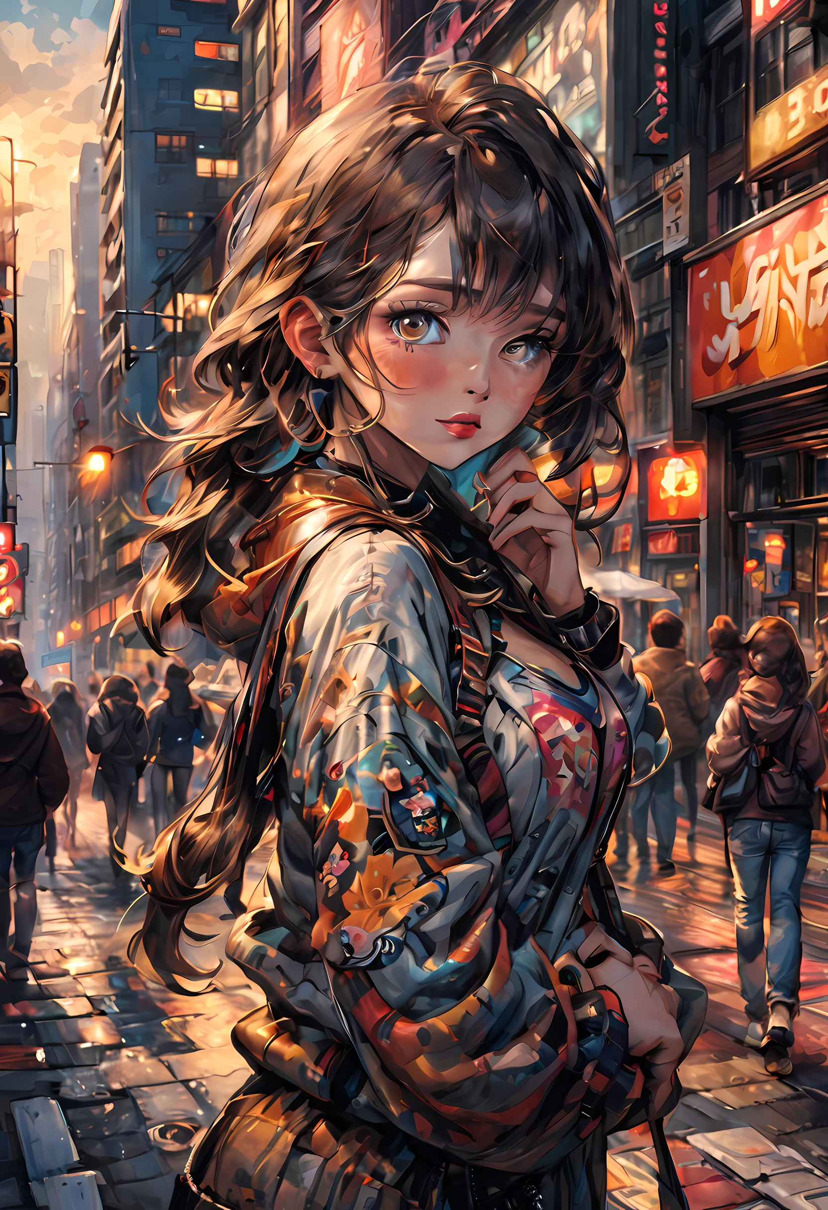 Uma garota em uma cidade movimentada, Urban vibes, luzes de rua vibrantes, bustling crowd, arquitetura moderna, roupa da moda, postura confiante, maquiagem marcante, golden hour lighting, grafite colorido, Busy traffic, Skyline da cidade, Cityscape, Mercado movimentado, trendy cafes, atmosfera animada. (best quality,ultra-detalhado,Realistic:1.37), HDR, profissional, vivid colors, urban photography lighting.