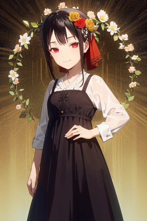 flower hair accessory,colored inner hair,black hair, red eyes,smile,casual dress