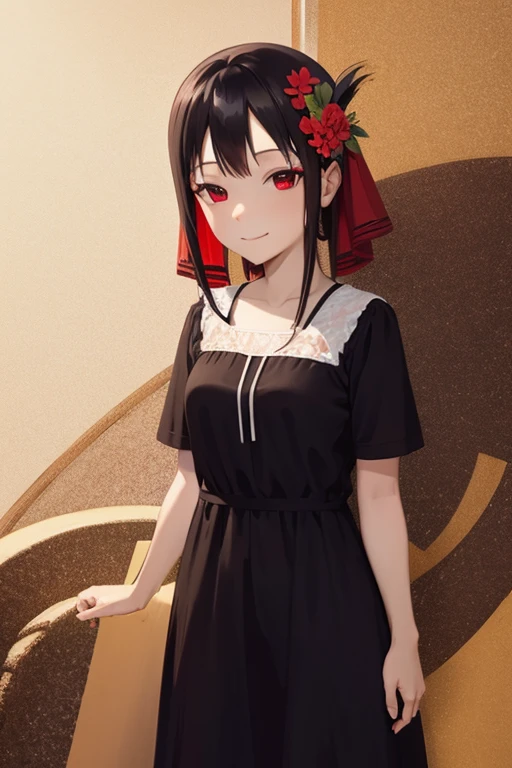 flower hair accessory,colored inner hair,black hair, red eyes,smile,casual dress