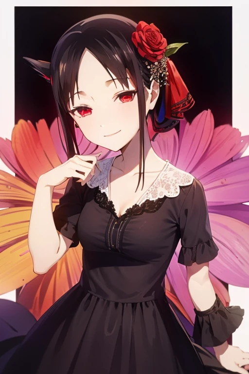 flower hair accessory,colored inner hair,black hair, red eyes,smile,casual dress