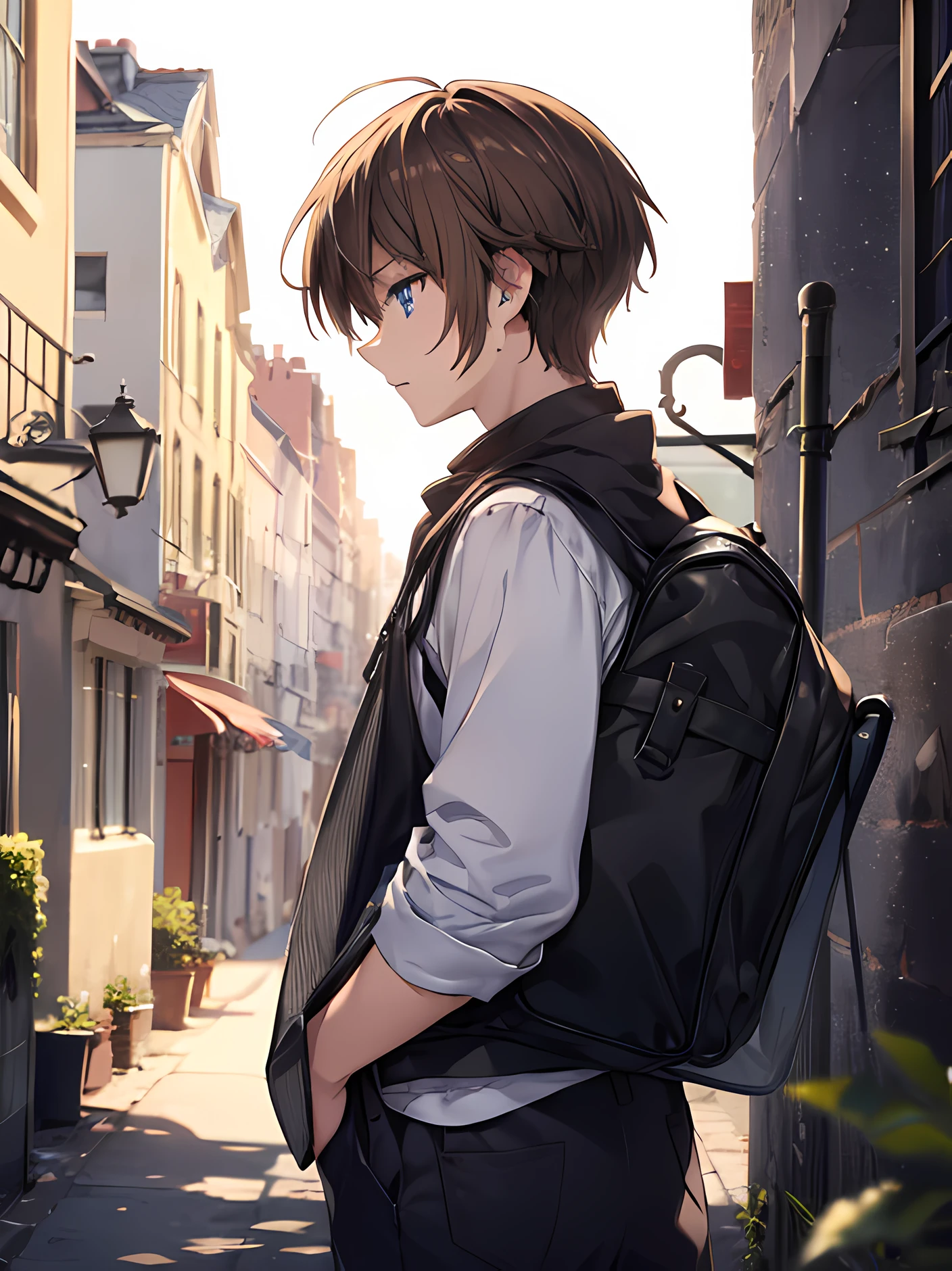 1 boy, head side view, brown hair, blue eyes, standing