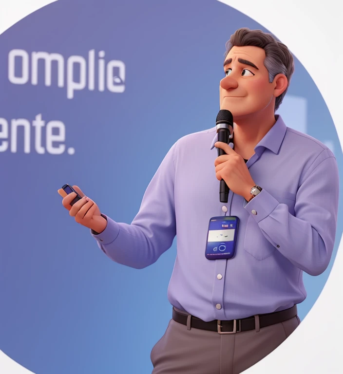 Man in his 50s, with microphone in his hand and in the other hand a remote control, other details create exactly like the image