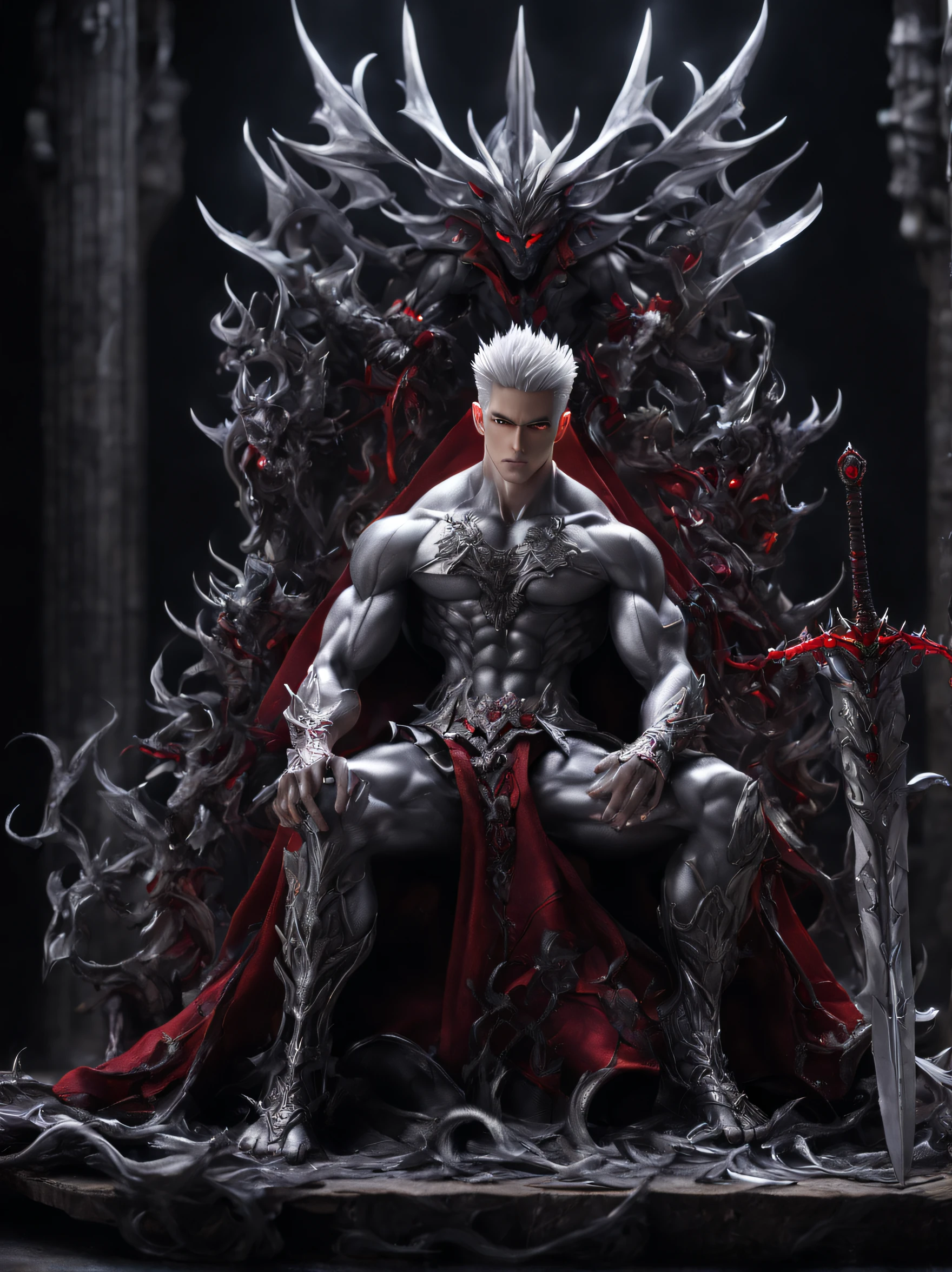 full body shot, diorama, muscular male, handsome male, silver short hair, red huge eyes, fusion with silver sword, demon lord, silver aura, sitting, silver sword throne, hard light,